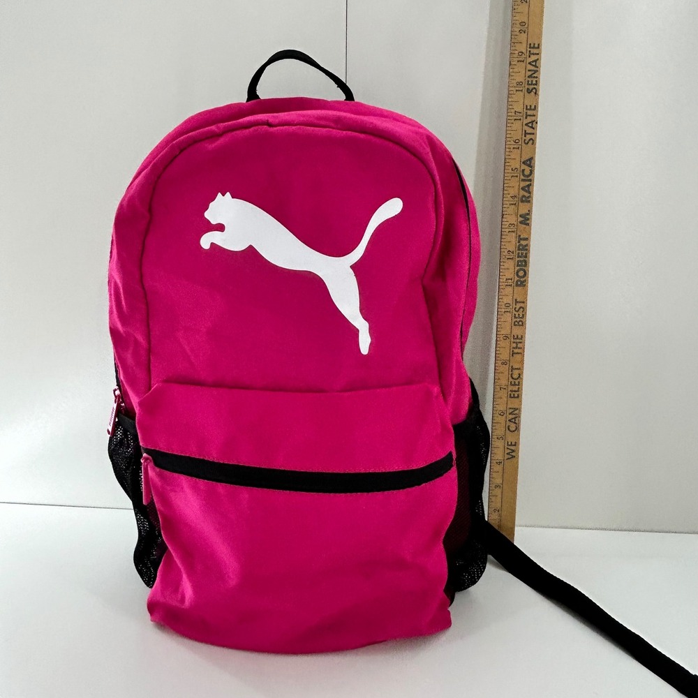 Puma Pink Backpack with White Logo Mesh Side Pockets Front Zip Pocket Bookbag - Picture 2 of 7